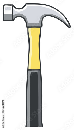 Cartoon claw hammer with yellow grip and grey metal head, isolated on white