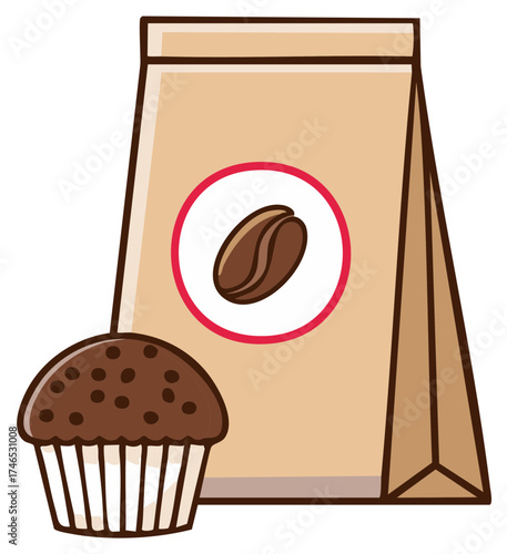 Coffee bag with coffee bean symbol and chocolate muffin, food design concept.