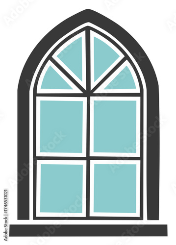 Decorative gothic window with geometric pattern, light blue glass, and dark gray frame. Modern vector graphic.