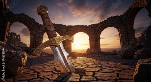 Detailed sword plunged in dry, cracked earth amidst crumbling stone ruins at sunset