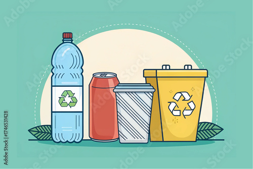 Recycling concept illustration with plastic bottle, aluminum can, paper cup and recycle bin – eco friendly waste management and sustainability design