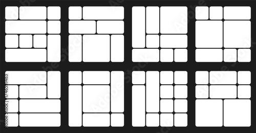 Bento grid abstract layouts with geometric tiles and rounded corners. Modern modular UI design panels, trendy web interface templates, collage frames and infographics. Vector illustration.