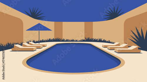 A stylized illustration of a pool area with lounge chairs and plants in a courtyard setting outdoors