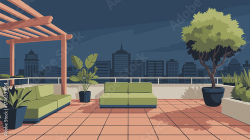 Rooftop patio with green sofas, plants, pergola and city skyline in the background at nighttime
