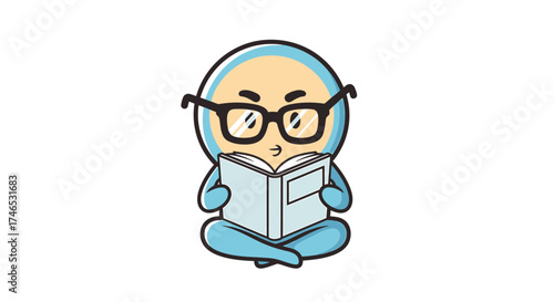 A cute cartoon character with glasses is sitting cross-legged and reading a book.