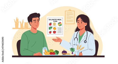 Nutritionist Consults with a Patient, Explaining Balanced Meal Plan and Healthy Eating Habits