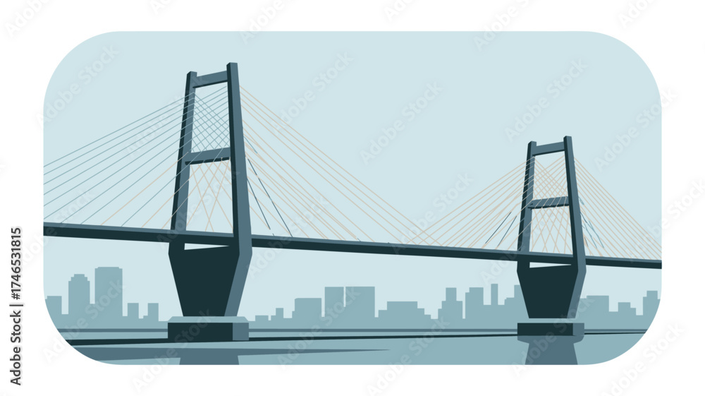 Obraz premium A stylized illustration of a suspension bridge with a city skyline in the background on a light blue day