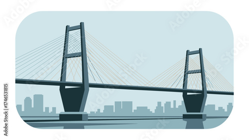 A stylized illustration of a suspension bridge with a city skyline in the background on a light blue day