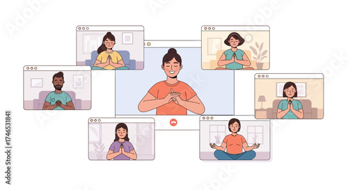 Diverse community connecting in a virtual yoga class, practicing mindfulness and meditation together through a group video conference