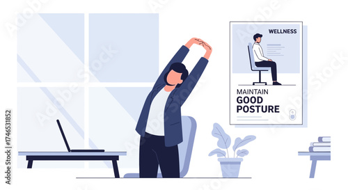 Employee Stretching at Desk Promoting Workplace Wellness and Healthy Habits for a Productive Day