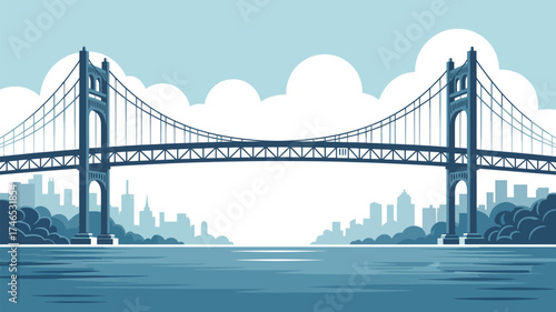 A vector illustration of a suspension bridge over water with a city skyline in the background