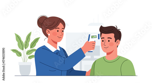 Medical professional checking man's temperature with a non-contact thermometer
