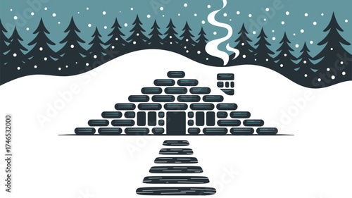 Illustration of a house made of bricks in a snowy landscape with trees and smoke coming from chimney