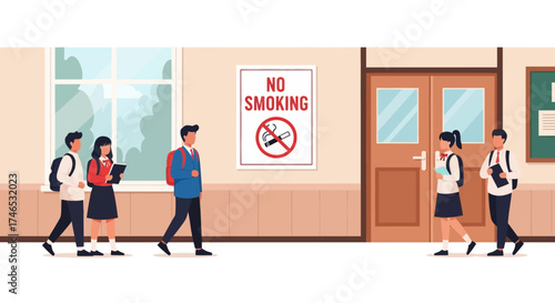 School corridor scene Students walking past a "No Smoking" sign, promoting a healthy environment