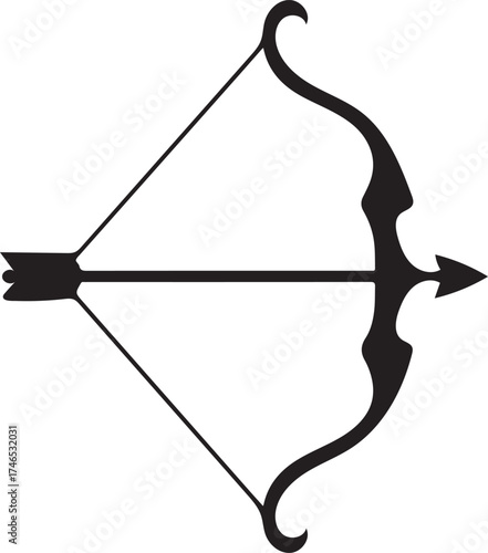 Black silhouette of a bow and arrow on a white background Keywords: bow, arrow, archery, weapon, sport, hunting, target, aim, shoot, projectile, string, shaft, fletching, arrowhead, bowstring