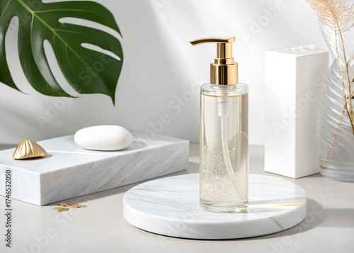Lotion bottle with pump dispenser mockup, transparent body, gold pump, on white background