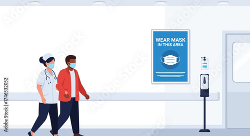Healthcare workers and patients adhering to safety protocols by wearing masks in a medical facility