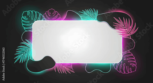 Abstract Neon Frame with Tropical Leaves Modern Design Element for Text or Content on a Dark Background