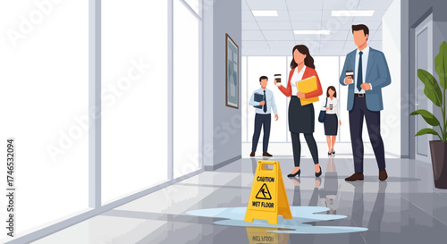 Slippery Floor Warning Caution Sign in Modern Office Hallway