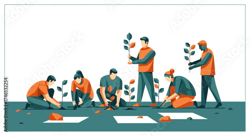 Group Planting Saplings Illustrating Community Effort for Environmental Conservation