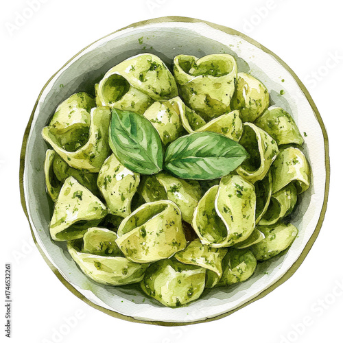 Pesto pasta with basil on transparent background