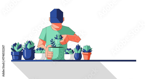 Illustrated Gardener Arranging Succulents in Colorful Pots on a Shelf