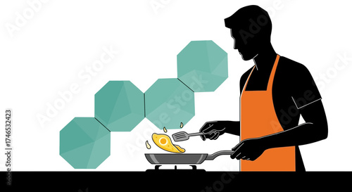 Silhouette Chef Cooking Fried Egg in Pan with Geometric Shapes
