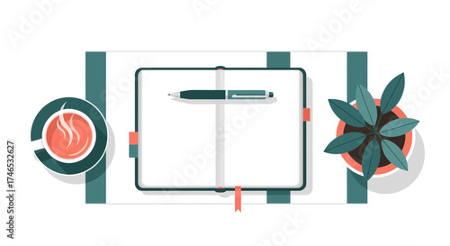 Workspace Illustration Coffee Notebook Pen and Potted Plant Arrangement