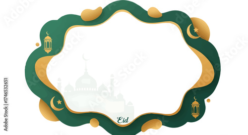 Elegant Eid Mubarak Frame Design with Lanterns, Crescent Moons, and Mosque Silhouette