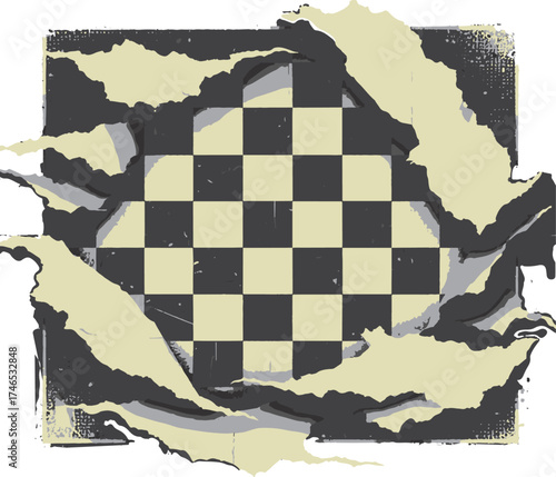 A stylized image featuring a worn parchment torn around a checkerboard, blending map textures with a bold game motif. Ideal for themes of strategy, travel, and retro design.