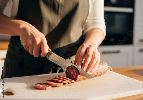Person slicing salami sausage on a white cutting board in a modern kitchen with natural light and clean, organized workspace