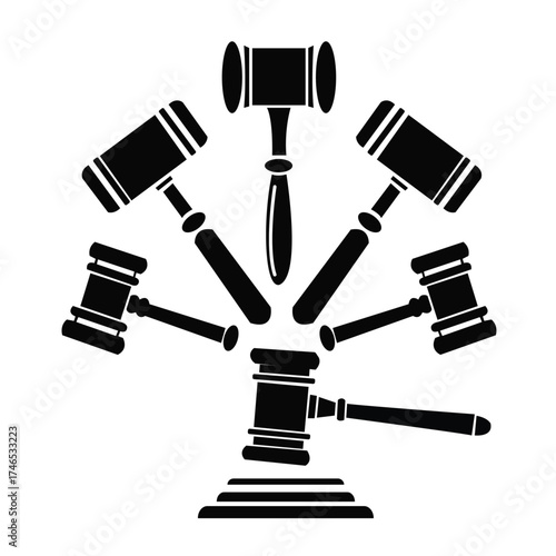Radial black silhouette icon design featuring multiple gavels arranged in a circle, symbolizing law, justice, or auction.