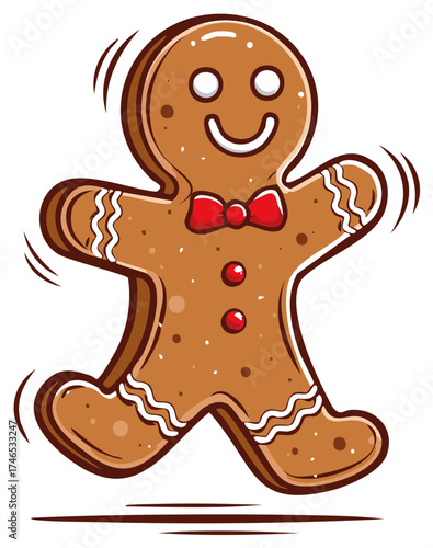Festive gingerbread man cartoon character jumping with joy isolated illustration
