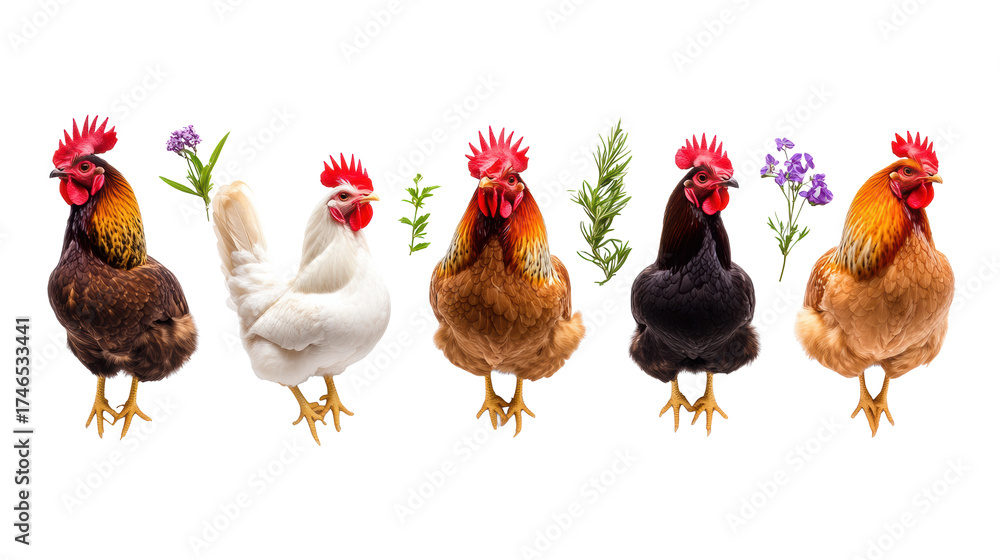 Fototapeta premium Colorful hens with flowers on transparent background
