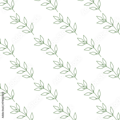 Pattern con rametti e foglie verdi obliqui isolati, sfondo natura