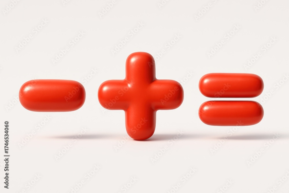 Fototapeta premium Glossy red 3D math symbols minus, plus, and equals, on a clean white surface