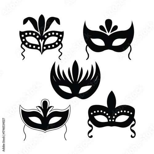 Collection of ornate black silhouette icons for masquerade or carnival masks featuring feathers and decorative details.