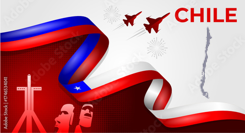 Chile Independence Day Banner with Flag Ribbon and Landmarks