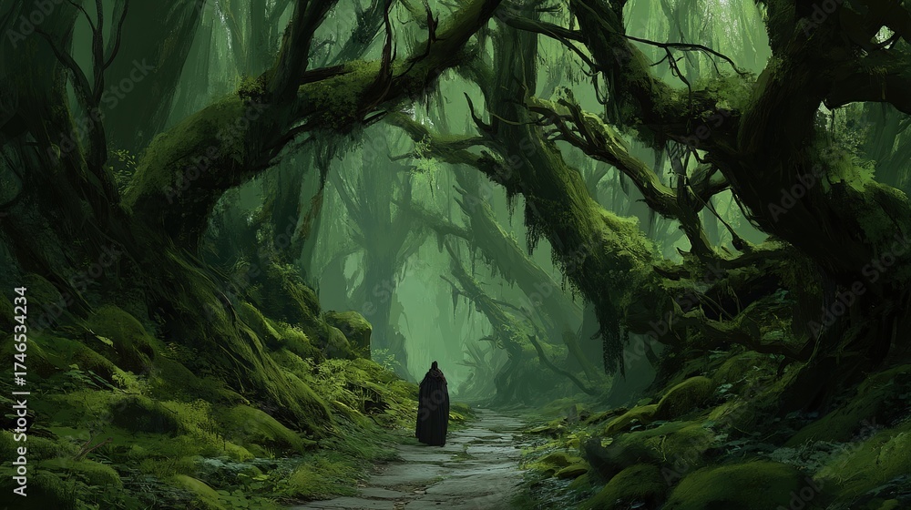 Obraz premium Mysterious figure in dark robes stands at the entrance to an ancient foggy forest