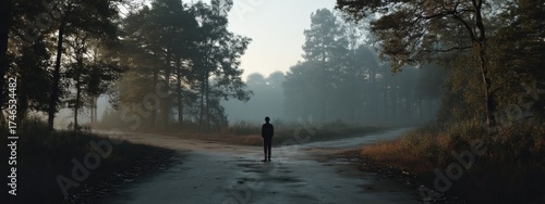 A solitary figure at a fork in a foggy forest road: concept of choice and uncertainty