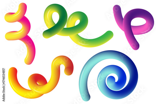 Gradient Rainbow Tubes. Colorful Twists. 3D Sticks and Swirls. 3D spiral lines. Vector Illustrations
