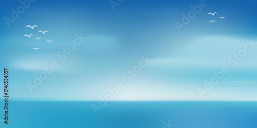 Sky Blue,Cloud Background,Horizon Spring Sea,Clear Sky in Morning by the beach,Vector beautiful landscape nature sunrise in Summer,Backdrop panoramic white clouds over blue ocean,Sunset landscape