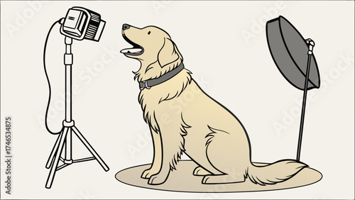 A dog in a photography studio setup with lighting equipment perfect for pet animal and photography concepts.
