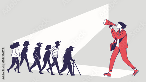 A person looking through a telescope leads a group of people walking forward symbolizing vision leadership and guidance.
