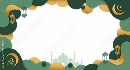 Elegant green and gold Islamic celebration frame with a mosque silhouette, lanterns, and crescent moons for Ramadan or Eid greetings