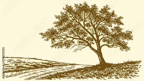 A solitary tree by a country road hand-drawn illustration nature landscape rural scene sepia tone artistic sketch vector graphic countryside artwork.