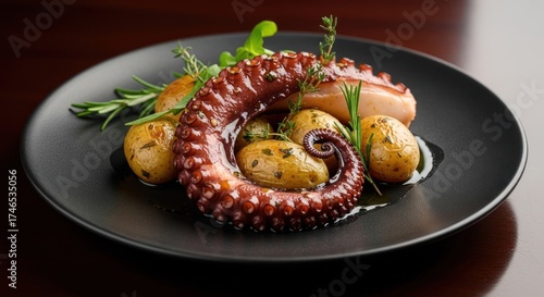 Gourmet roasted octopus tentacle with baby potatoes and fresh herbs on a dark plate