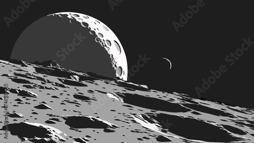 Alien Planet Landscape with Large Moon and Cratered Surface.