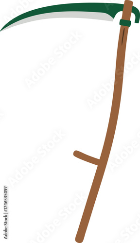 A classic scythe with a long wooden handle and curved blade, used in traditional farming for cutting grass and crops—ideal for agriculture, rural equipment, and harvest design themes