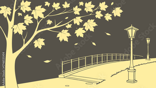 Autumnal scene with bridge tree and lampposts.